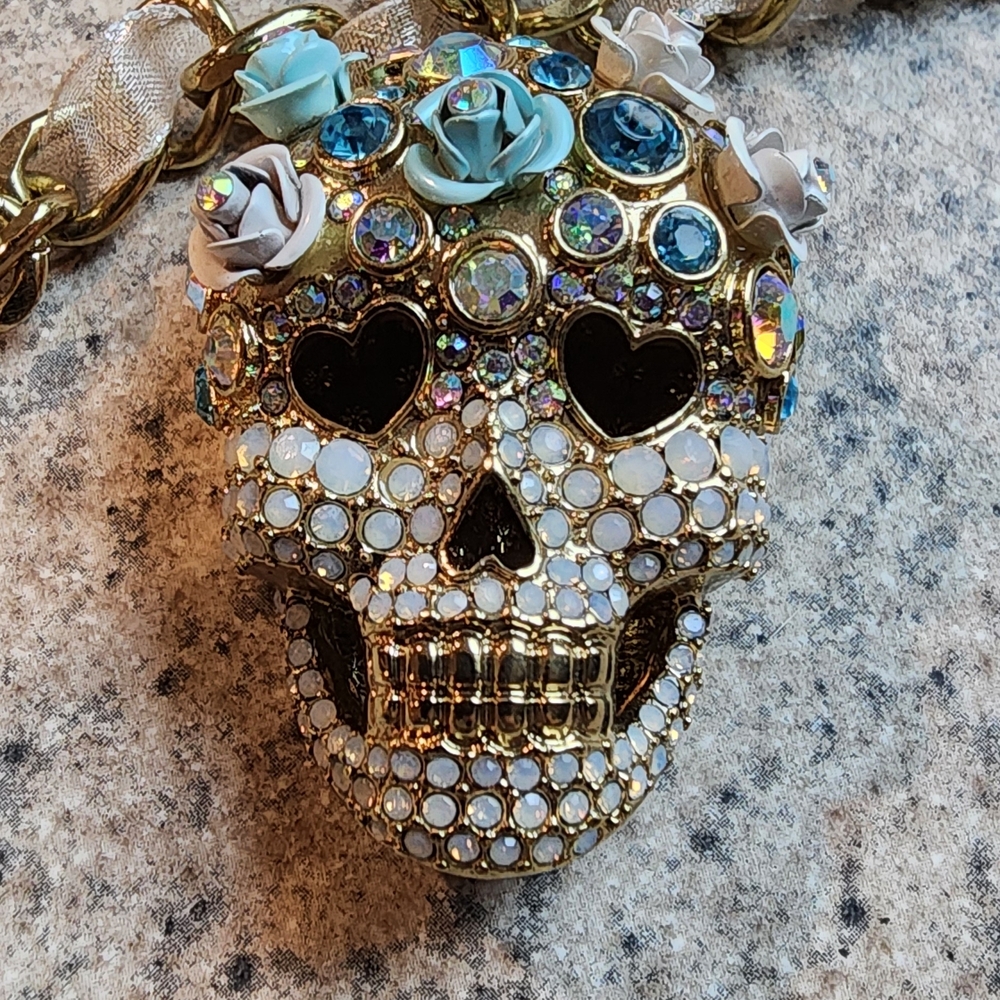Gold and Blue Crystal Skull Pendant Necklace